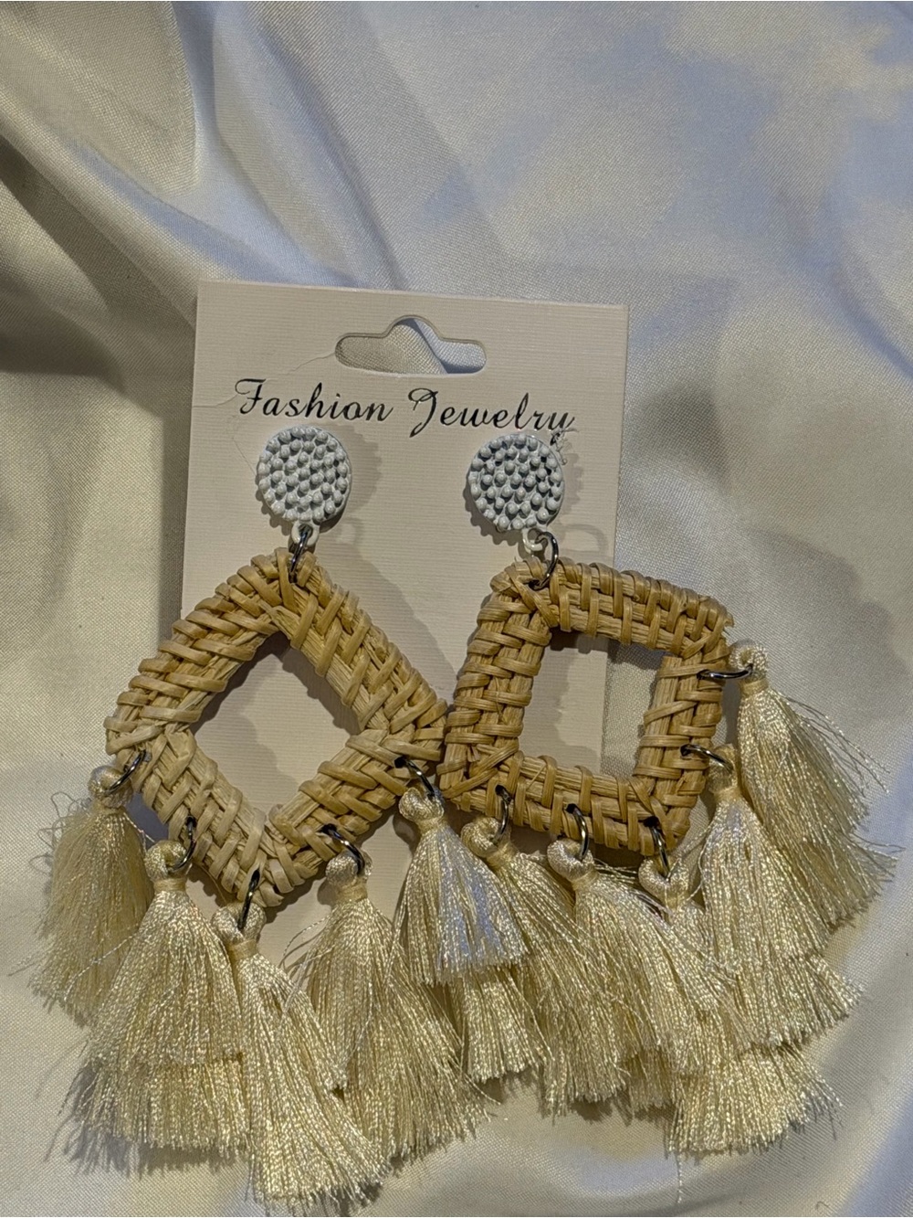 Fashion Jewelry Cream Woven Square Tassel Drop Earrings